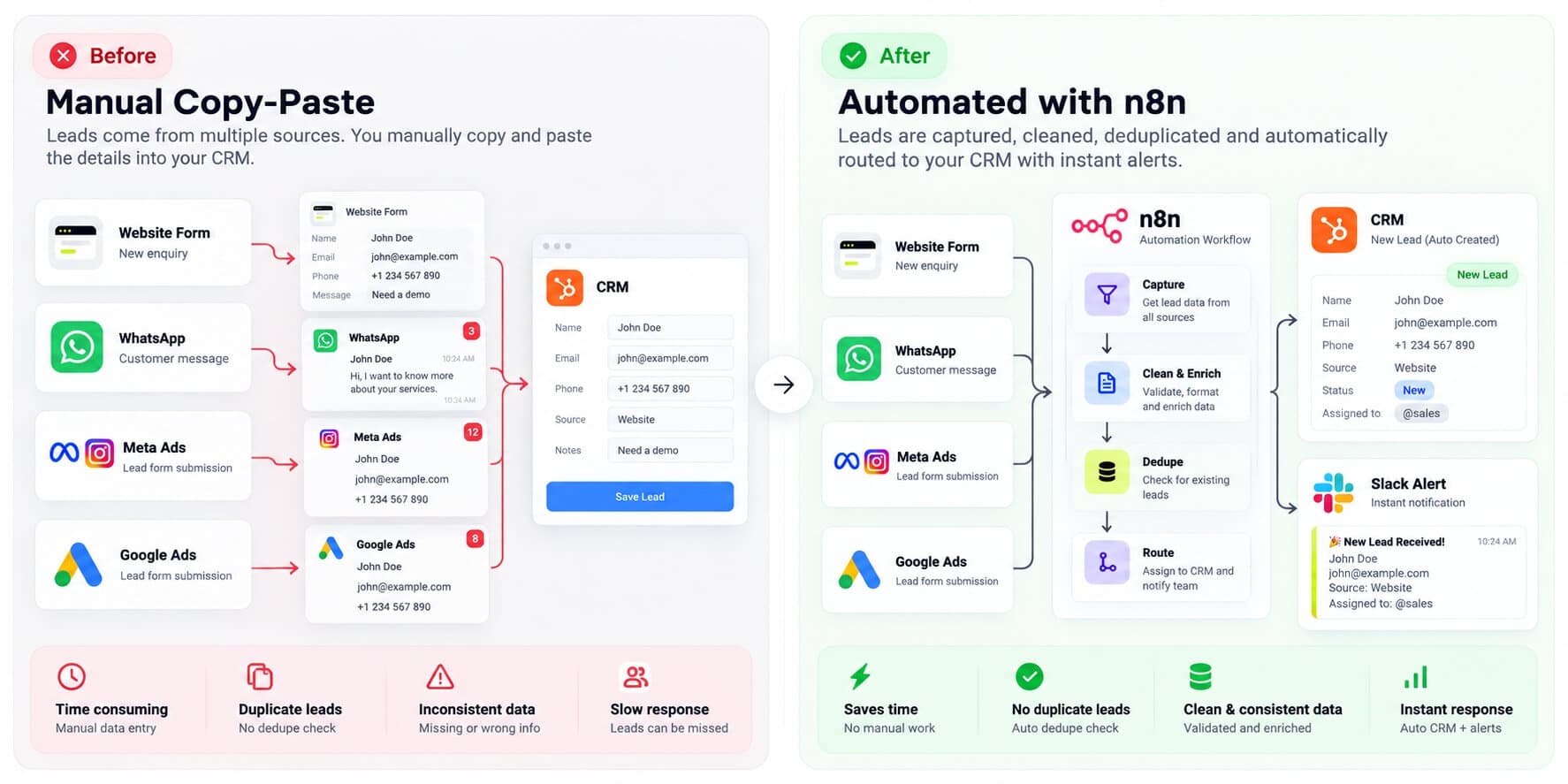 Before-and-after comparison of manual lead copy-pasting versus n8n automation with data validation, duplicate detection, CRM updates, and instant Slack notifications.
