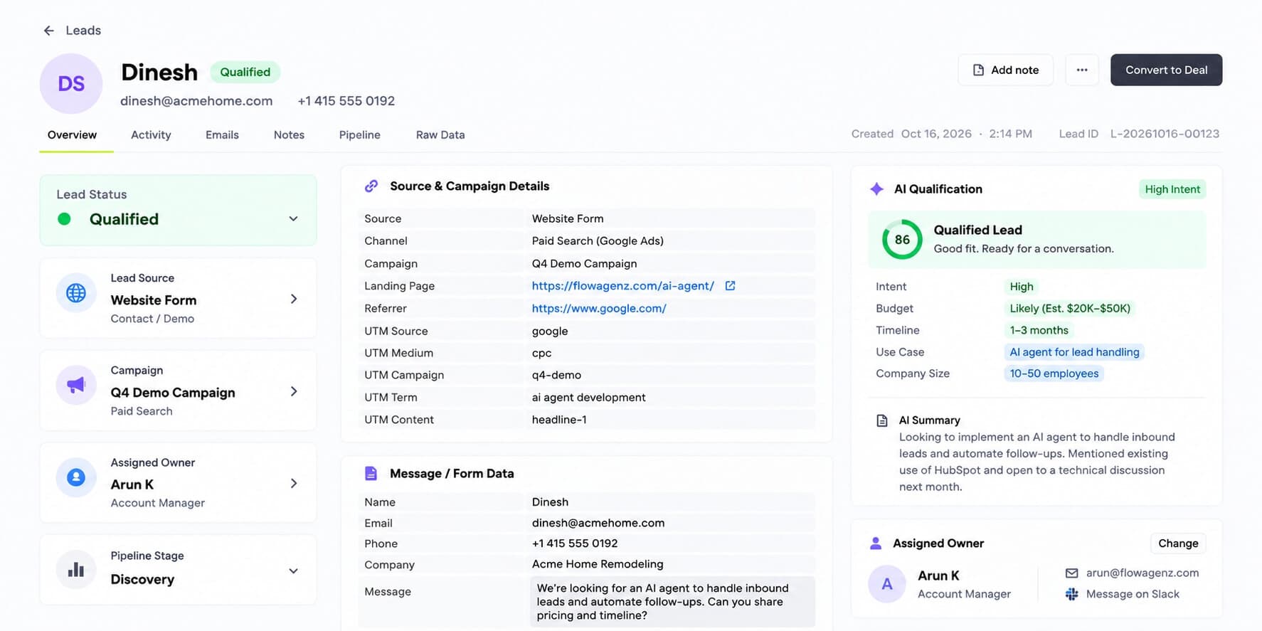 CRM lead record for Dinesh displaying lead source, campaign details, UTM tracking fields, AI qualification score, lead intent, budget, timeline, and assigned owner.