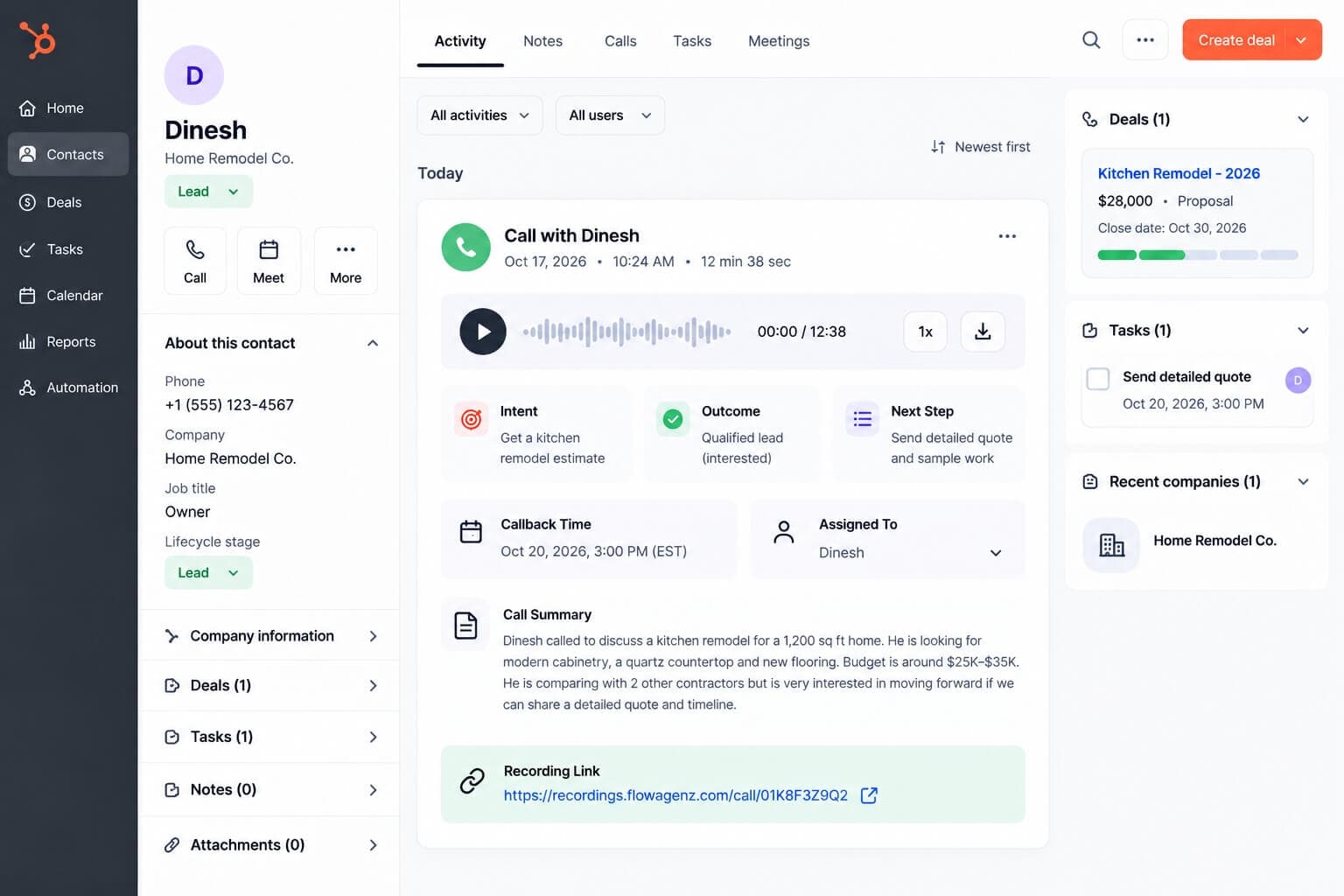 CRM dashboard displaying Dinesh’s contact profile, call activity timeline, call recording, customer intent, qualification outcome, follow-up task, callback schedule, call summary, recording link, and associated deal and company details.
