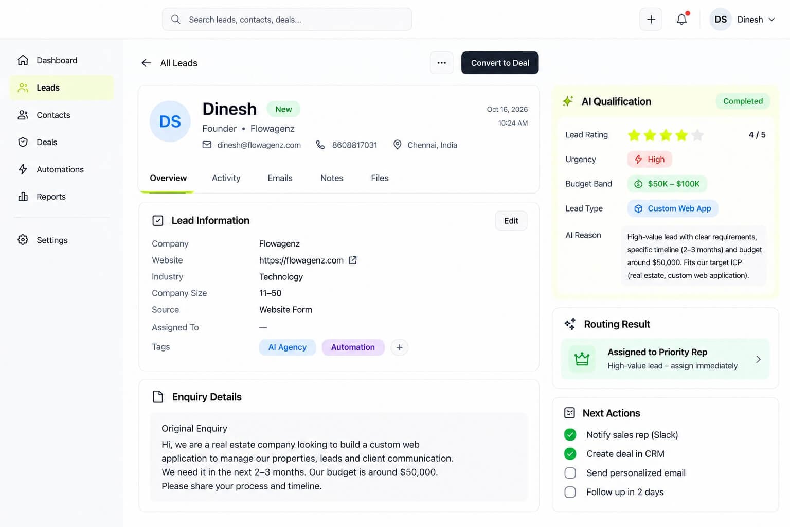 CRM lead record showing AI-powered qualification with lead rating, urgency, budget range, qualification reasoning, original enquiry, routing result, and follow-up actions.