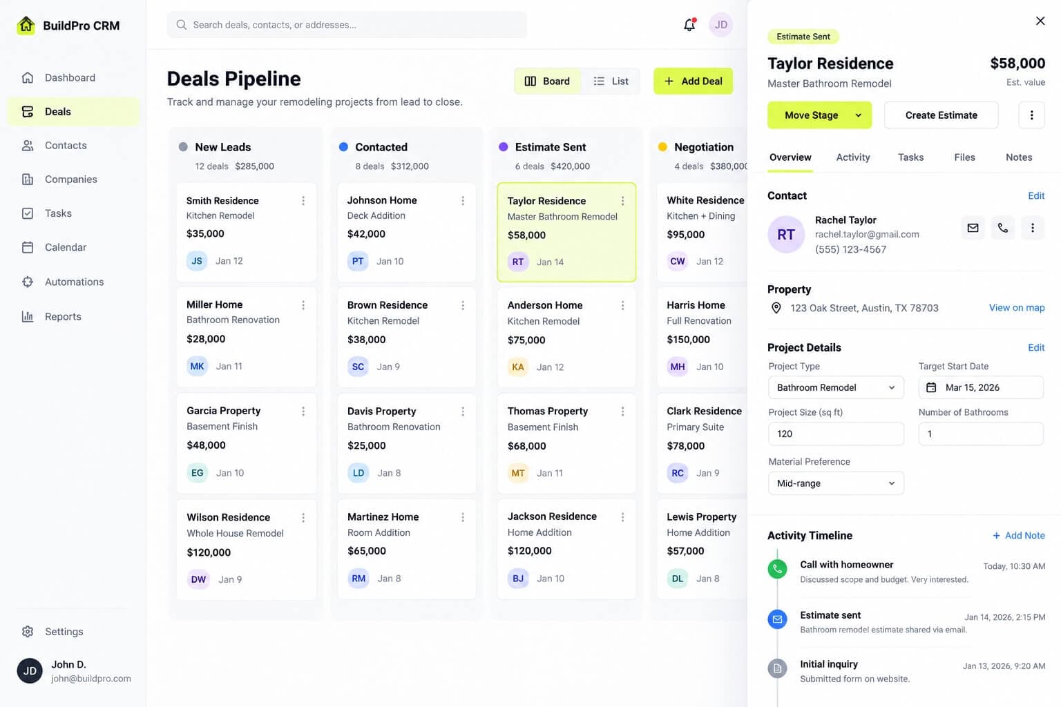 Custom CRM pipeline board showing deal stages, contact details, activity timeline, and trade-specific project fields for a remodeling business.